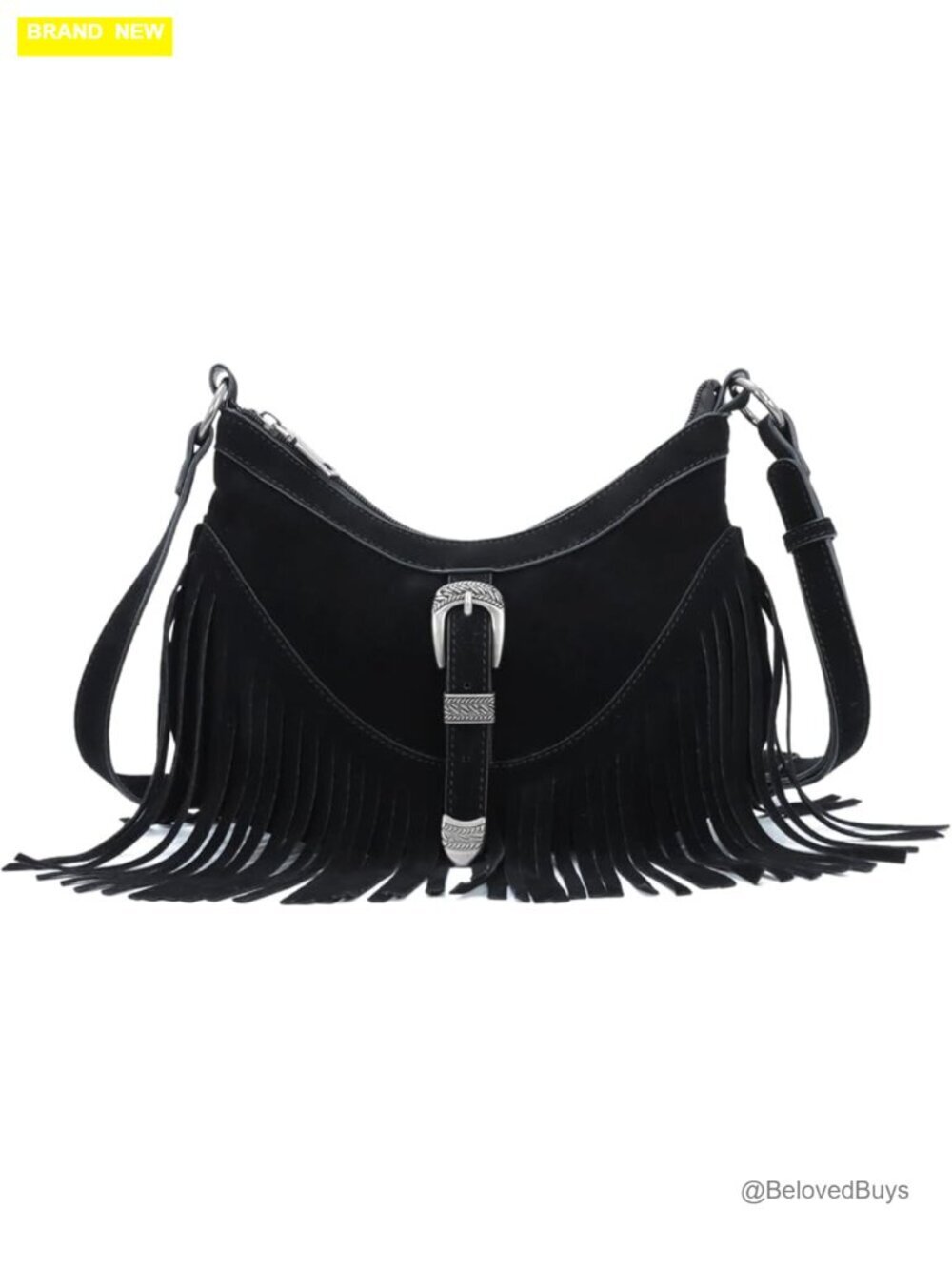 Vegan Suede Fringe Tassel Crossbody Hobo Bag with Adjustable Strap